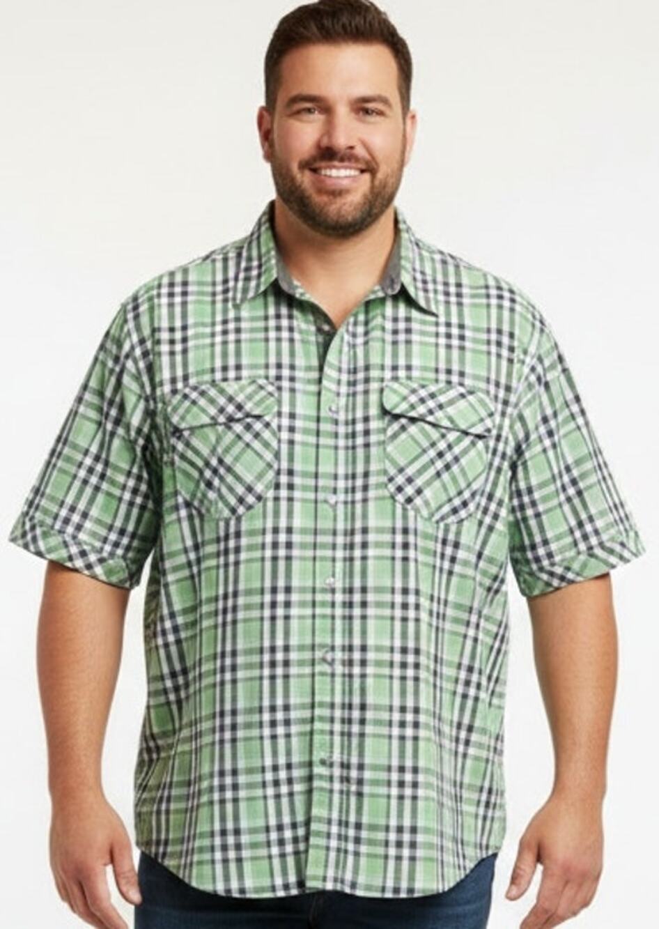 Rocawear Men's Big & Tall 2x Green Gray Plaid Collared Cotton Snap Closure Shirt